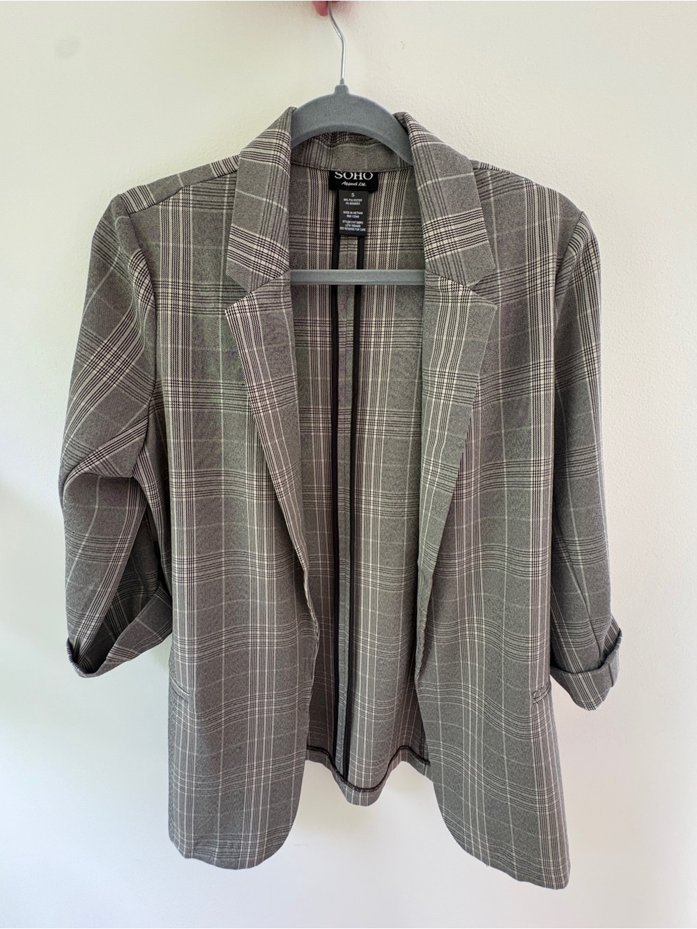 Soho Apparel Gray Plaid Open Blazer with Rolled Sleeves